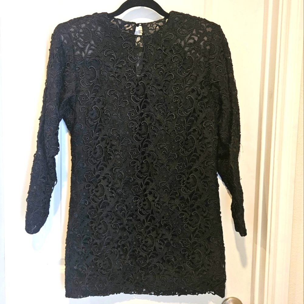 David Feld Black Silk Dress Lace Embrodery Sheer Size 8